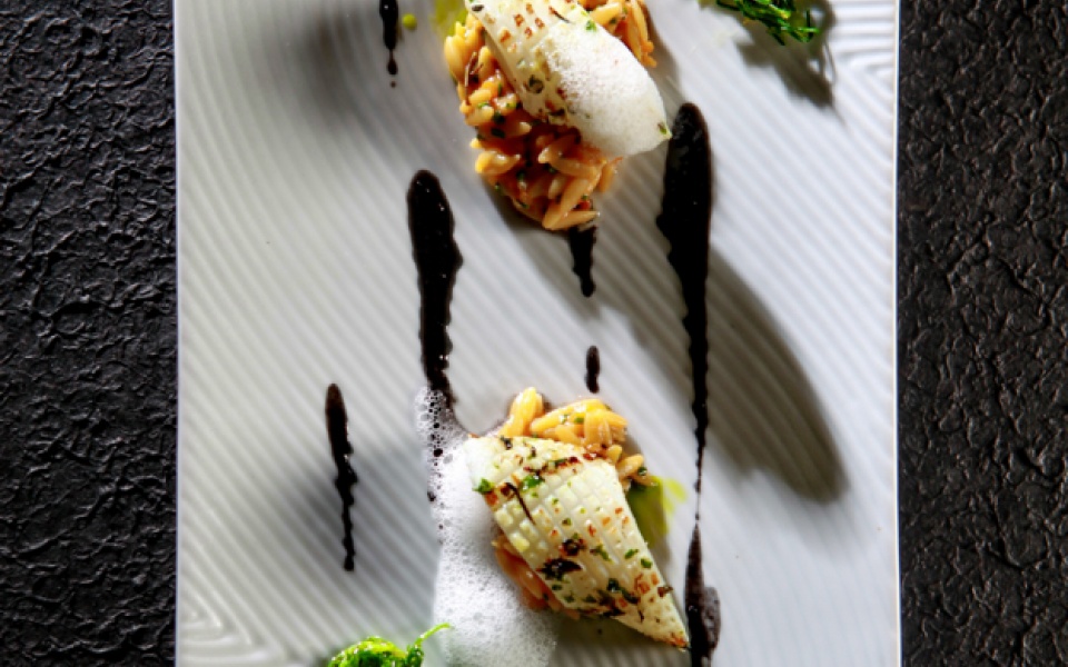 Grilled calamari with orzo pasta, squid ink sauce and wilted greens salad | Yiannis Lucacos