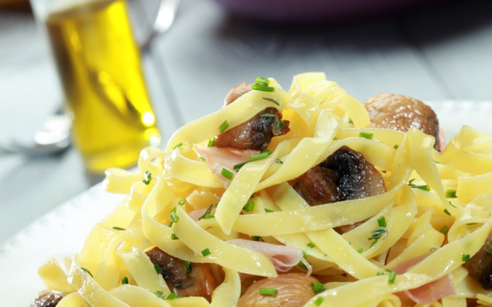 Tagliatelle with mushrooms, prosciutto and thyme | Yiannis Lucacos