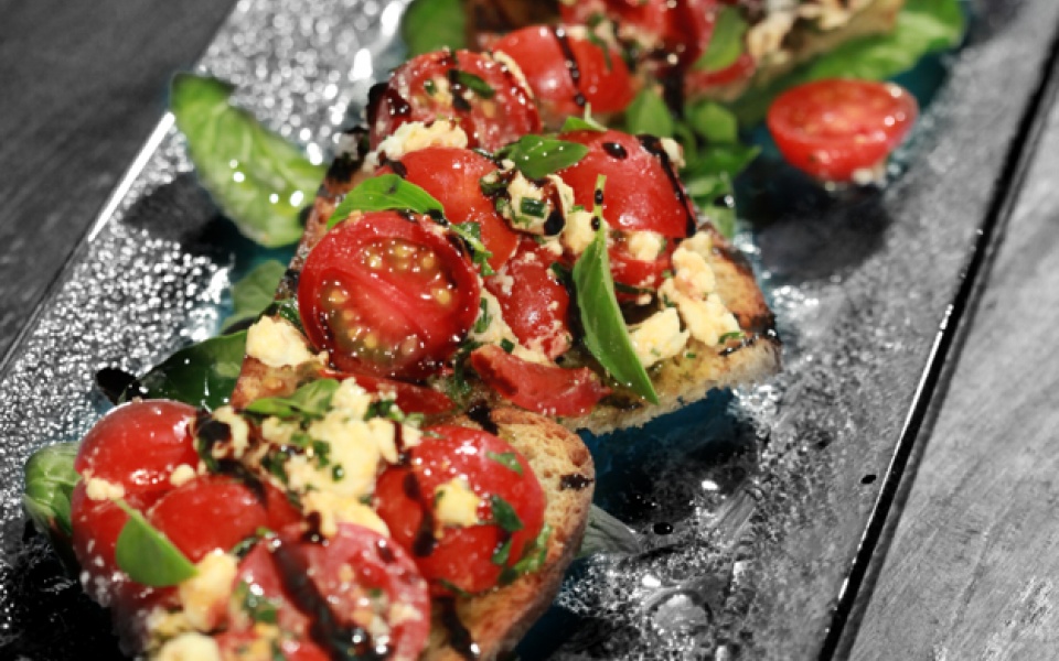 Tomato, feta and pesto bruschetta | Yiannis Lucacos