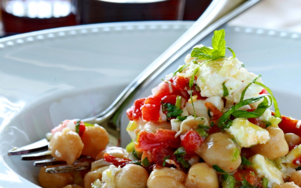 Chick peas with sun-dried tomatoes, spring onion, mint and feta | Yiannis Lucacos