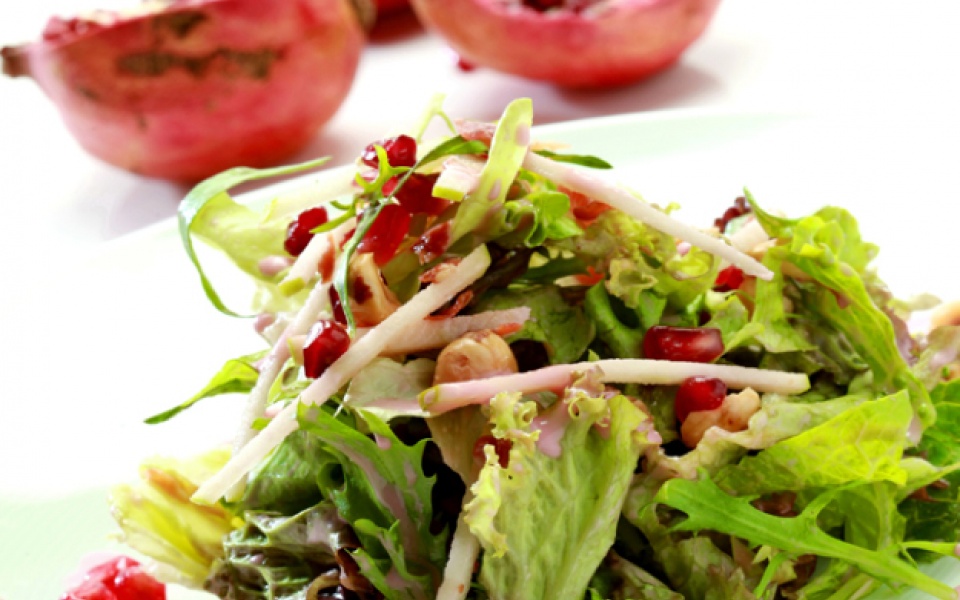 Mixed salad with pomegranate, crispy prosciutto and hazelnut | Yiannis Lucacos