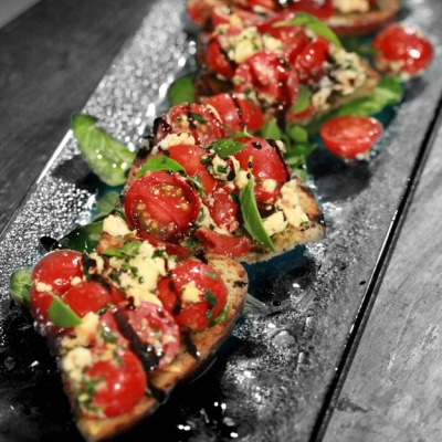 Tomato, feta and pesto bruschetta | Yiannis Lucacos
