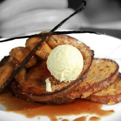 French toast with caramelized bananas and vanilla ice cream | Yiannis Lucacos