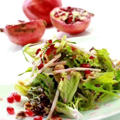 Mixed salad with pomegranate, crispy prosciutto and hazelnut | Yiannis Lucacos