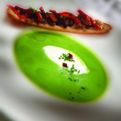 Pea soup with mushroom bruschetta, roast tomato and chorizo sausage | Yiannis Lucacos