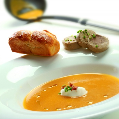 Pumpkin soup with brioche, and chicken liver - mavrodaphne terrine | Yiannis Lucacos