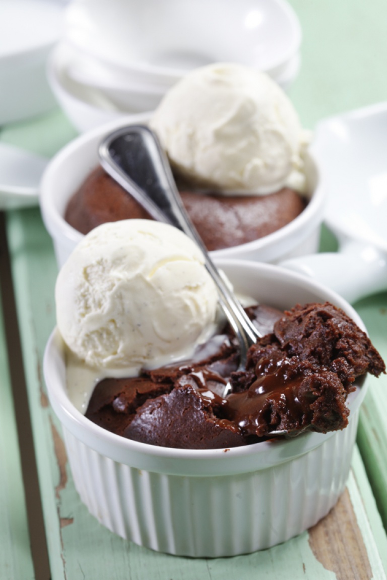 Chocolate soufflé with vanilla ice-cream