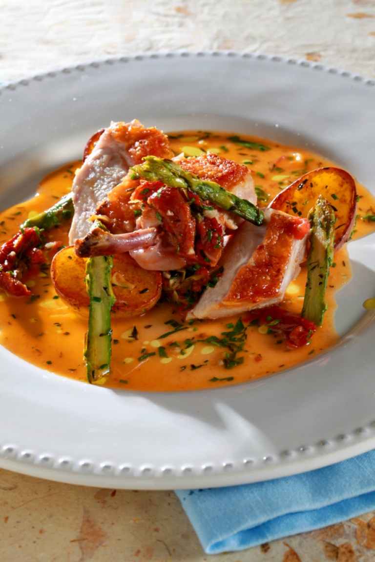 Sautéed chicken with asparagus and sun-dried tomato and capper sauce