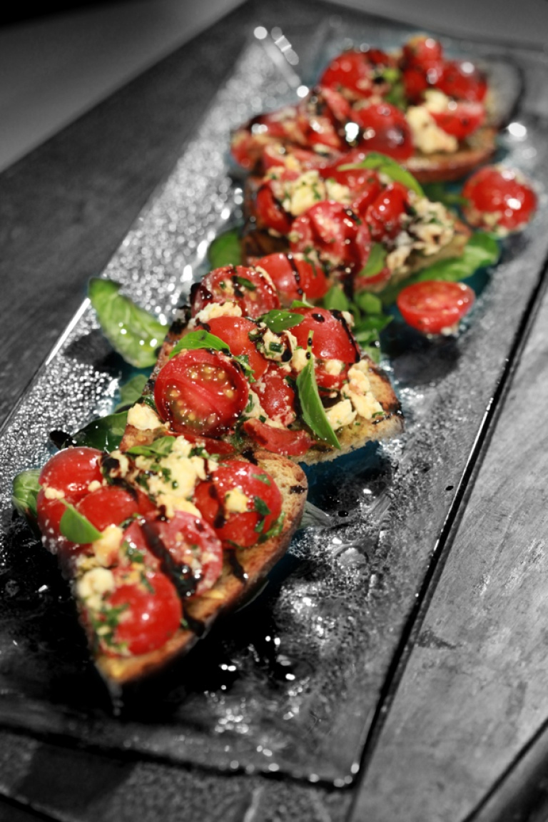 Tomato, feta and pesto bruschetta